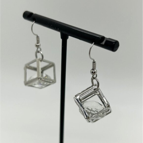 Silver-Tone Box Earrings Clear Rivoli Dangles Pierced Hooks Geometric - Picture 8 of 12